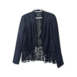 INC Womens Medium Jacket Black Faux Suede Fringe Rodeo Cowgirl Western Festival